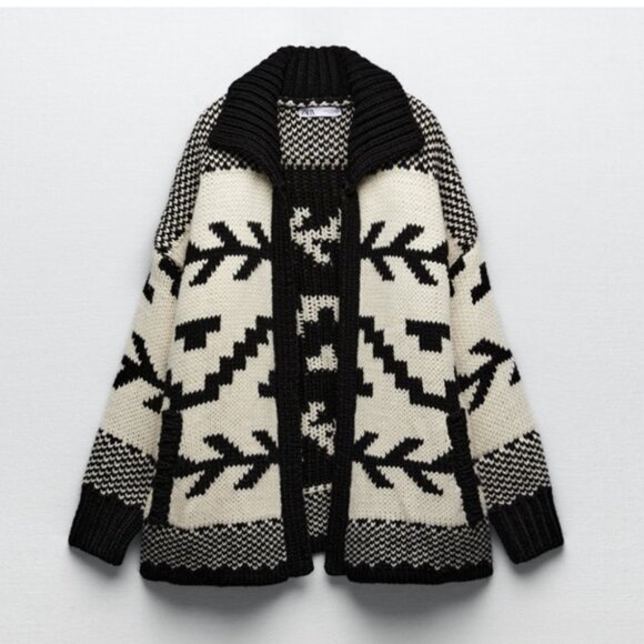 NWT ZARA Jacquard Cardigan Ecru Black M Blogger’s Favorite - Picture 9 of 16